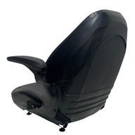 Rear view of non-suspension mower and machinery seat with molded frame and black water-resistant vinyl – seatbelt compatible for added safety