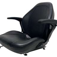 Left side profile of direct replacement mower seat in black sewn vinyl with armrests – durable design with operator switch compatibility
