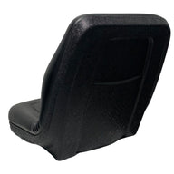 Rear view of fixed-back compact tractor and mower seat with premium waterproof vinyl upholstery and operator switch compatibility
