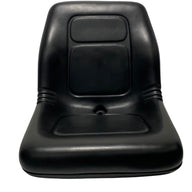 Front view of universal compact tractor and mower seat in black PU vinyl, durable fixed-back design with water drain hole