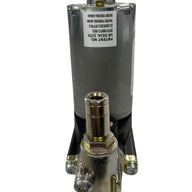 Front view of 12V air compressor for air suspension seat systems showing fittings and electrical connector points.