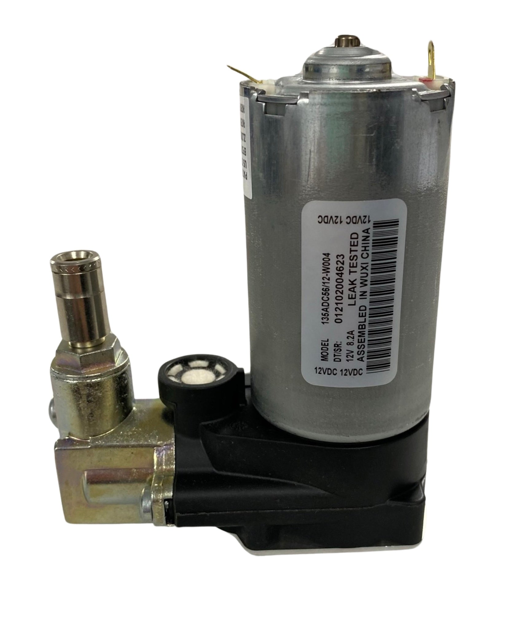 Side view of 12V air compressor for air suspension seats showing compact cylindrical body and 6mm push-fit airline connection.