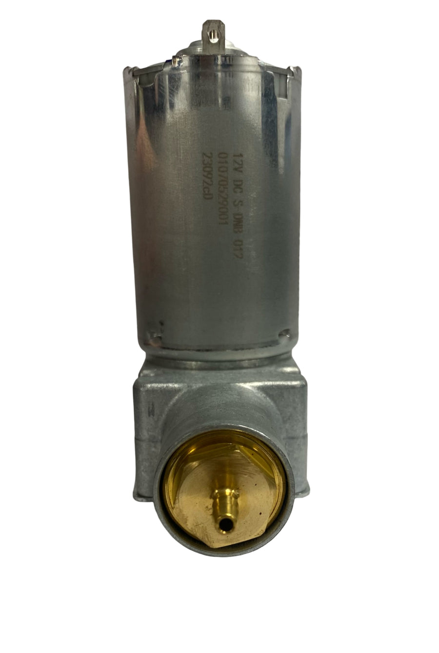 Front view of  12V compressor for Grammer and KAB suspension seats – 42.3mm body with straight brass tail fitting