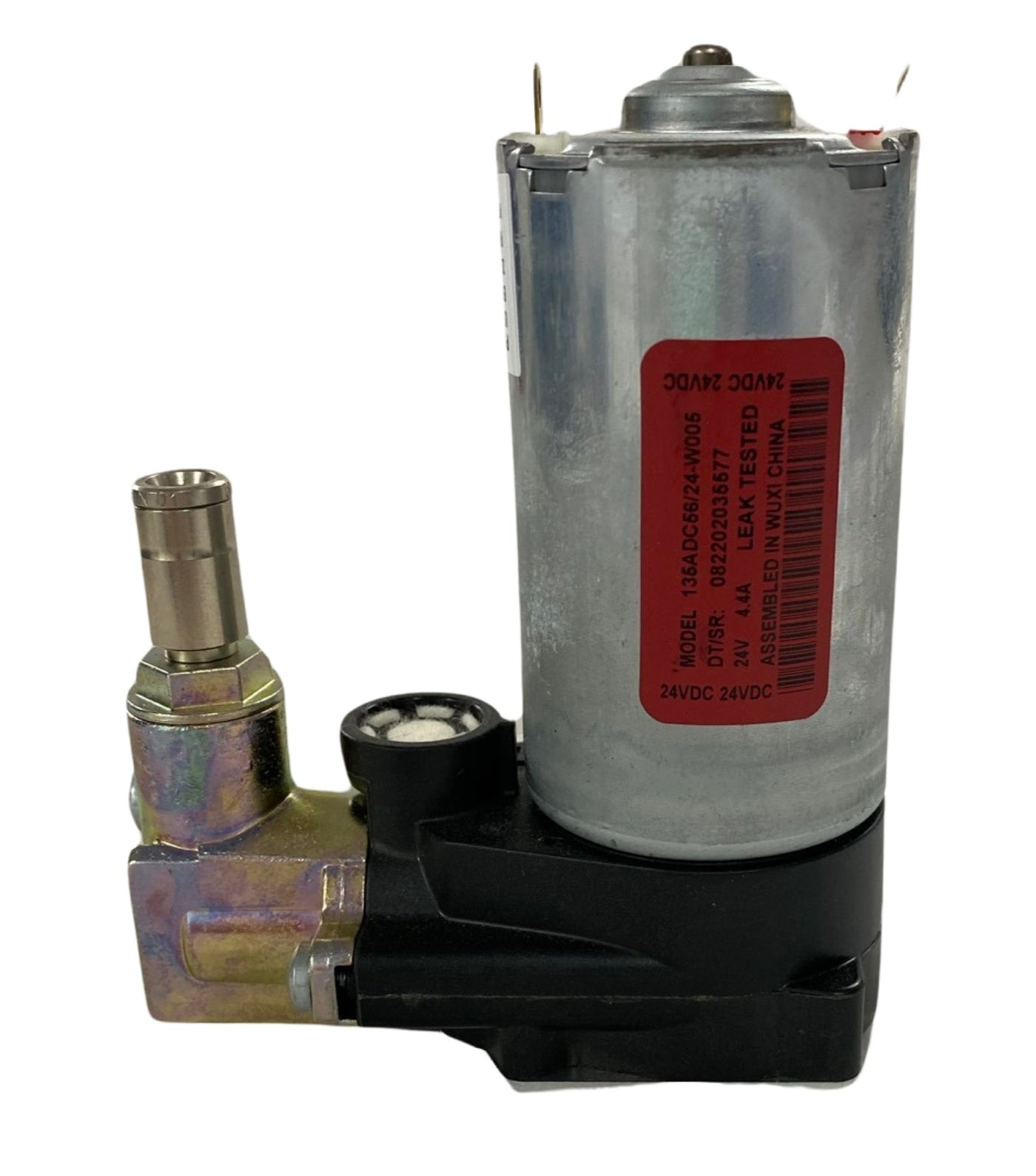 Side view of 24V air compressor for air suspension seats showing compact cylindrical body and 6mm push-fit airline connection.