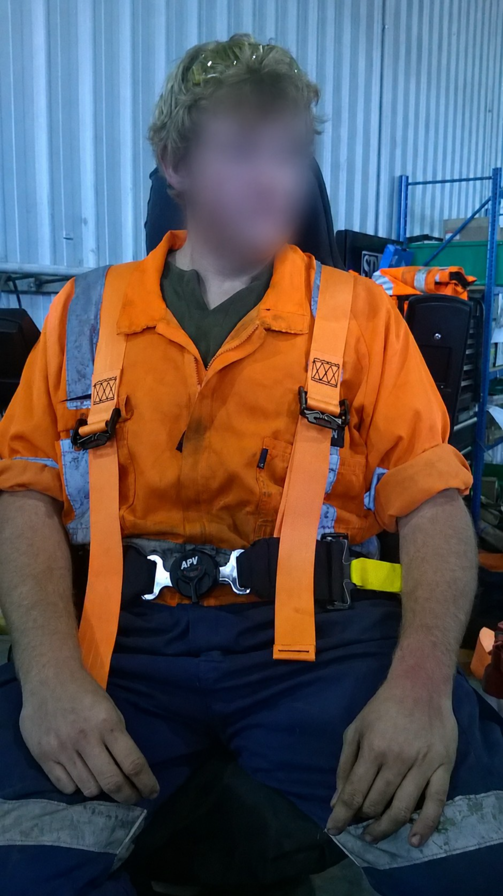 APV Easi-Grip 3 Point forestry and industrial harness in use on a seat, certified to SAEJ386, ISO6683, FMVSS302 standards.