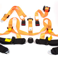 Industrial logging harness seat belt showing adjustable shoulder straps and seat-mounted buckle assembly.