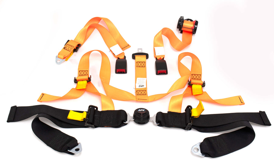 Industrial logging harness seat belt showing adjustable shoulder straps and seat-mounted buckle assembly.
