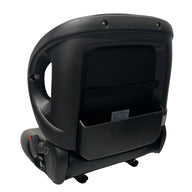 Rear view of BF2-2 non suspension small machinery seat displaying robust construction, operator present switch, integrated grab handles, document pouch and waterproof PU vinyl trim.