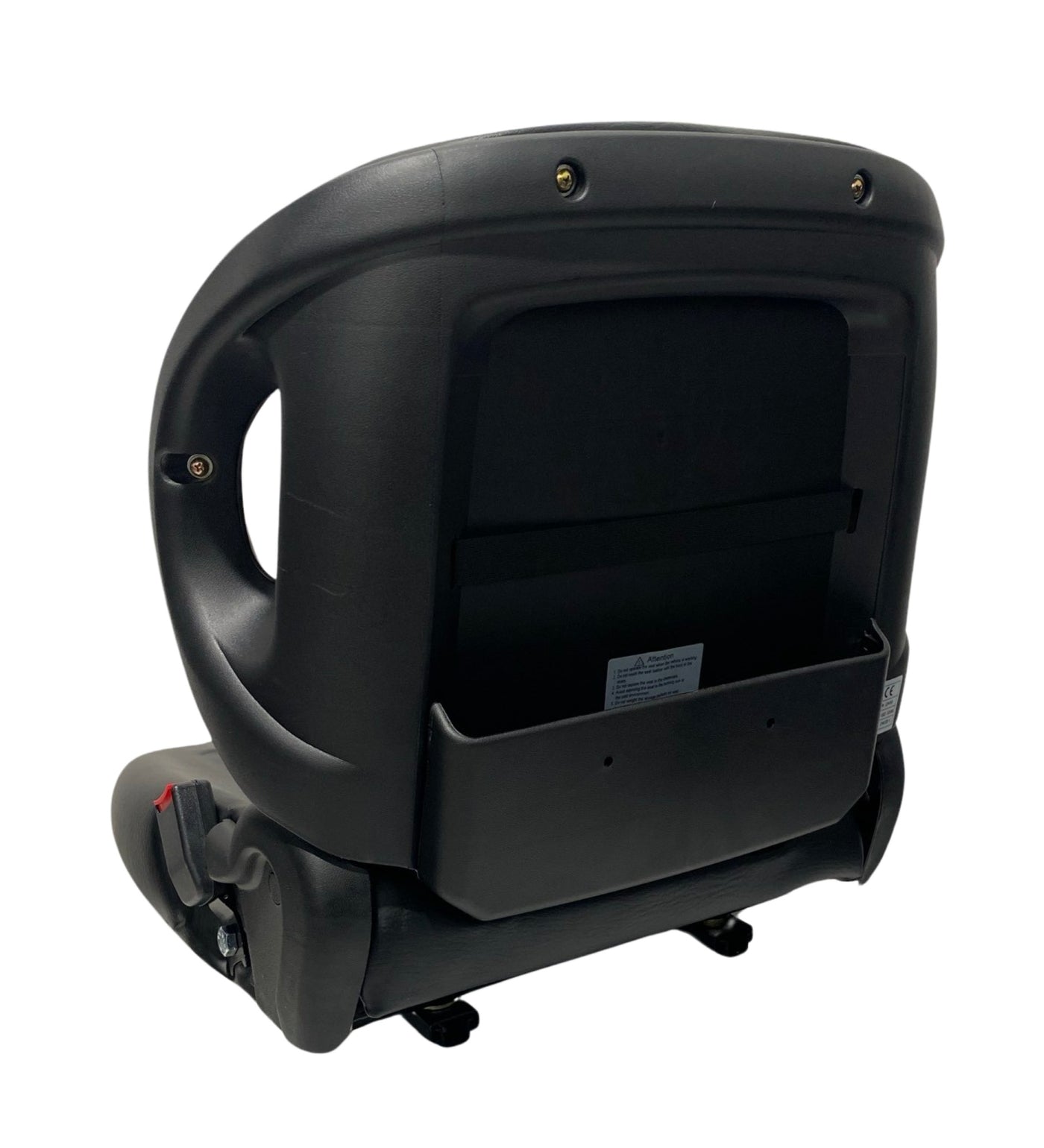 Rear view of BF2-2 non suspension small machinery seat displaying robust construction, operator present switch, integrated grab handles, document pouch and waterproof PU vinyl trim.