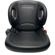Front view of BF2-2 non suspension forklift seat showing molded backrest, integrated  2 inch lap seatbelt, and durable black PU vinyl finish.