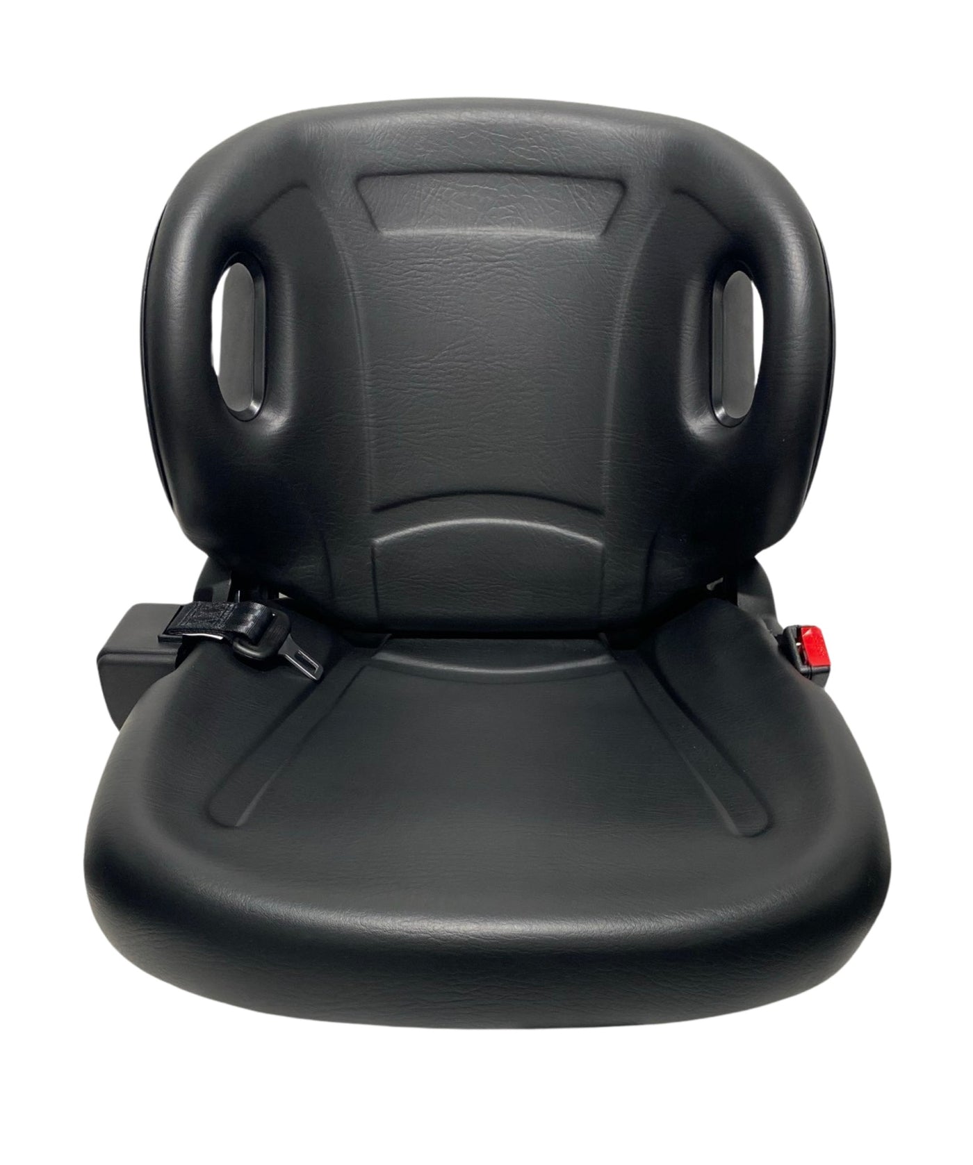 Front view of BF2-2 non suspension forklift seat showing molded backrest, integrated  2 inch lap seatbelt, and durable black PU vinyl finish.