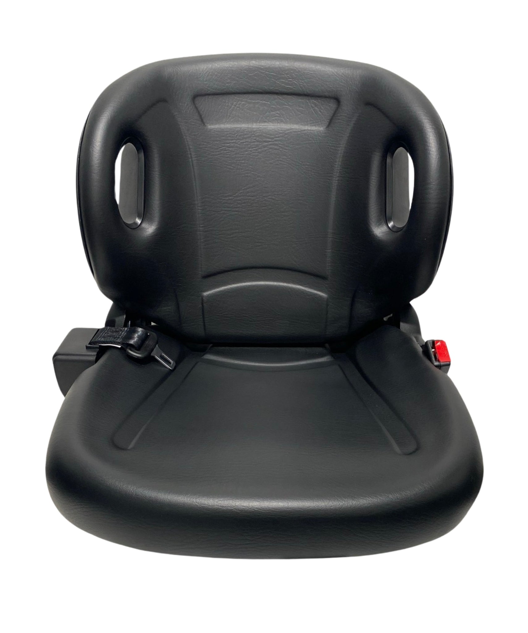Front view of BF2-2 non suspension forklift seat showing molded backrest, integrated  2 inch lap seatbelt, and durable black PU vinyl finish.