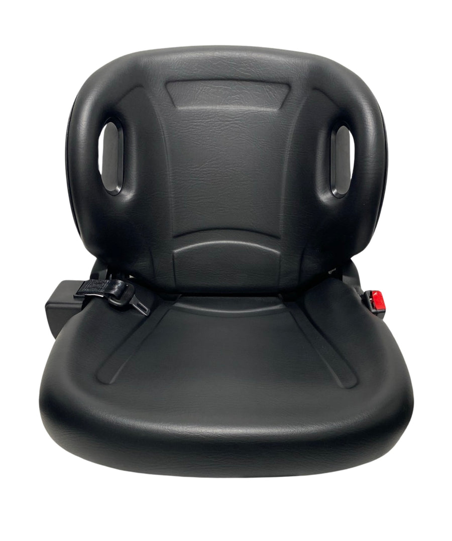 Front view of BF2-2 non suspension forklift seat showing molded backrest, integrated  2 inch lap seatbelt, and durable black PU vinyl finish.