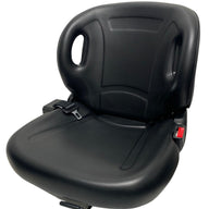 Left-side view of BF2-2 non suspension seat showing retractable 2 inch lap seatbelt and integrated grab handles.