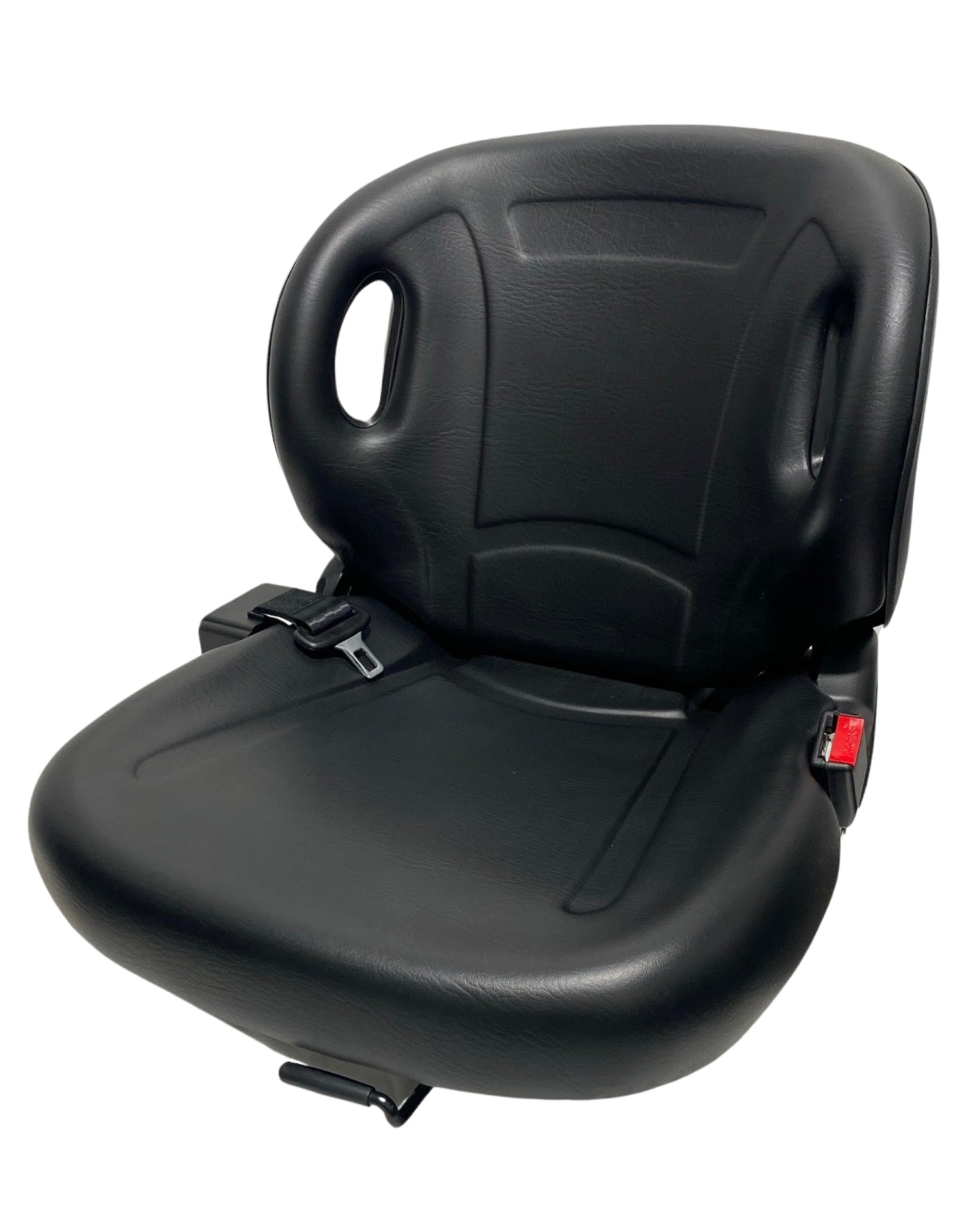 Left-side view of BF2-2 non suspension seat showing retractable 2 inch lap seatbelt and integrated grab handles.