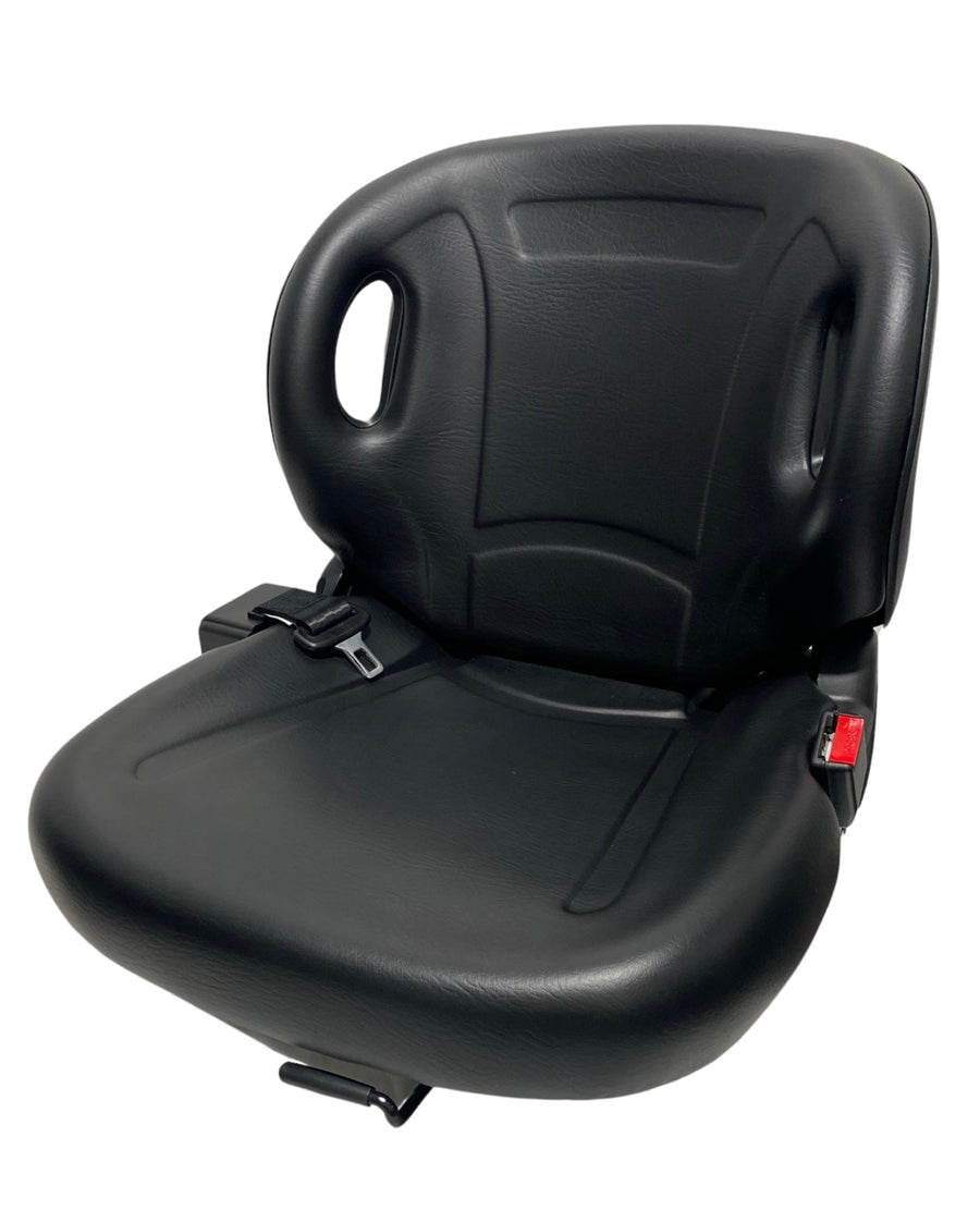 Left-side view of BF2-2 non suspension seat showing retractable 2 inch lap seatbelt and integrated grab handles.