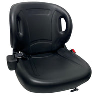 Right-side view of BF2-3 forklift seat highlighting integrated grab handles,  single locking slide rails.