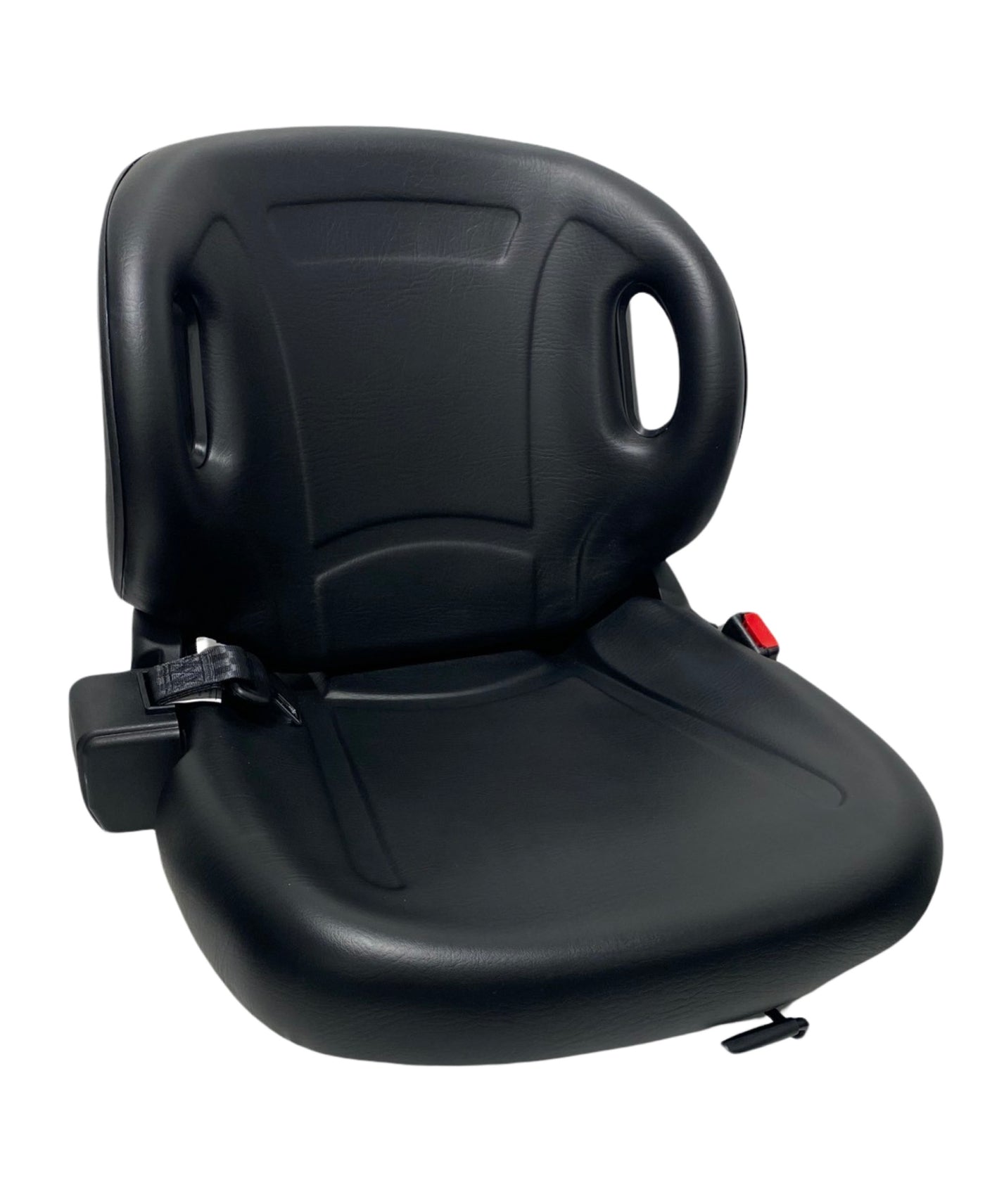 Right-side view of BF2-3 forklift seat highlighting integrated grab handles,  single locking slide rails.