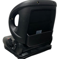Rear view of BF2-3 mechanical suspension seat displaying robust construction, operator present switch, integrated grab handles, and waterproof PU vinyl trim.