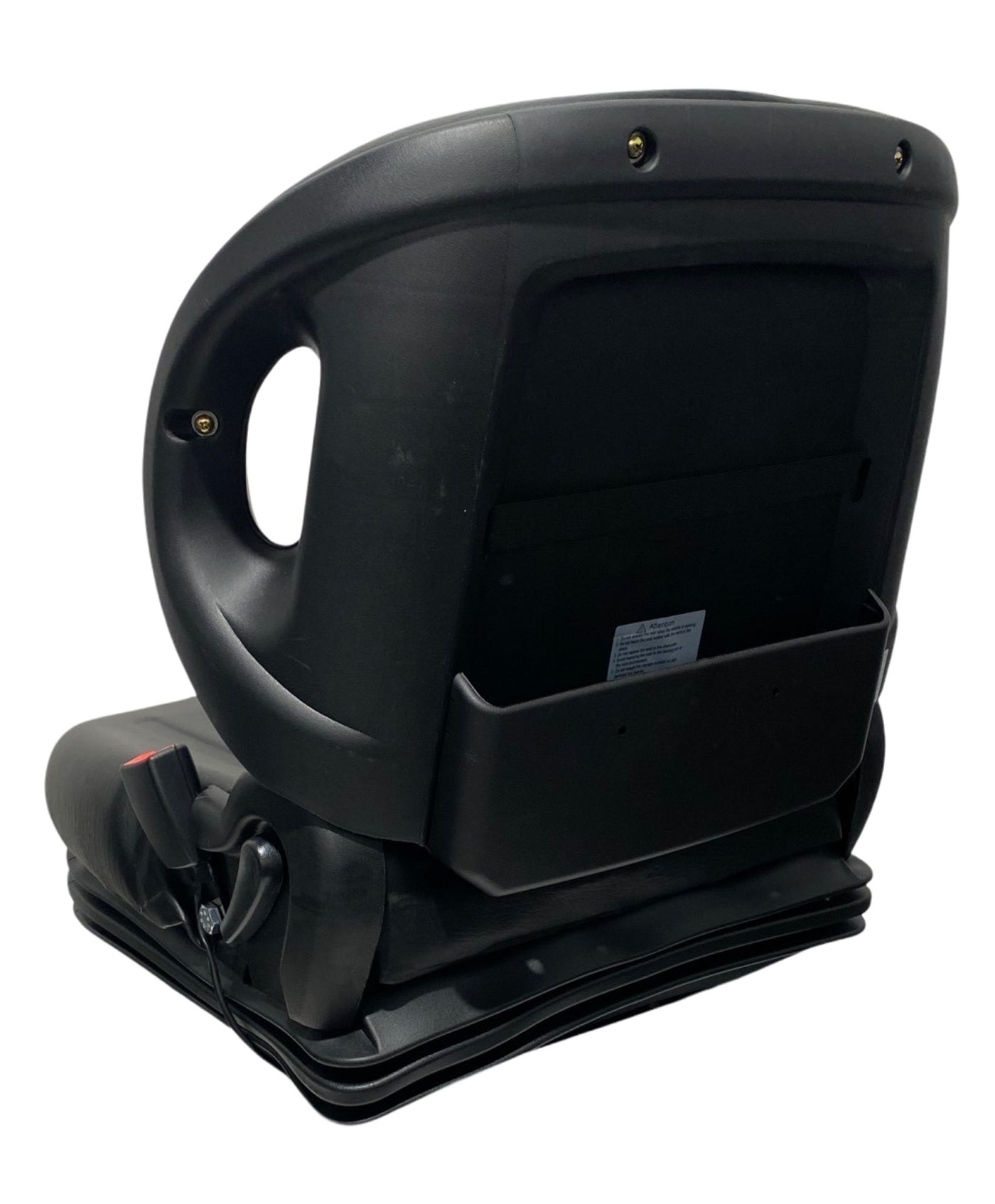 Rear view of BF2-3 mechanical suspension seat displaying robust construction, operator present switch, integrated grab handles, and waterproof PU vinyl trim.