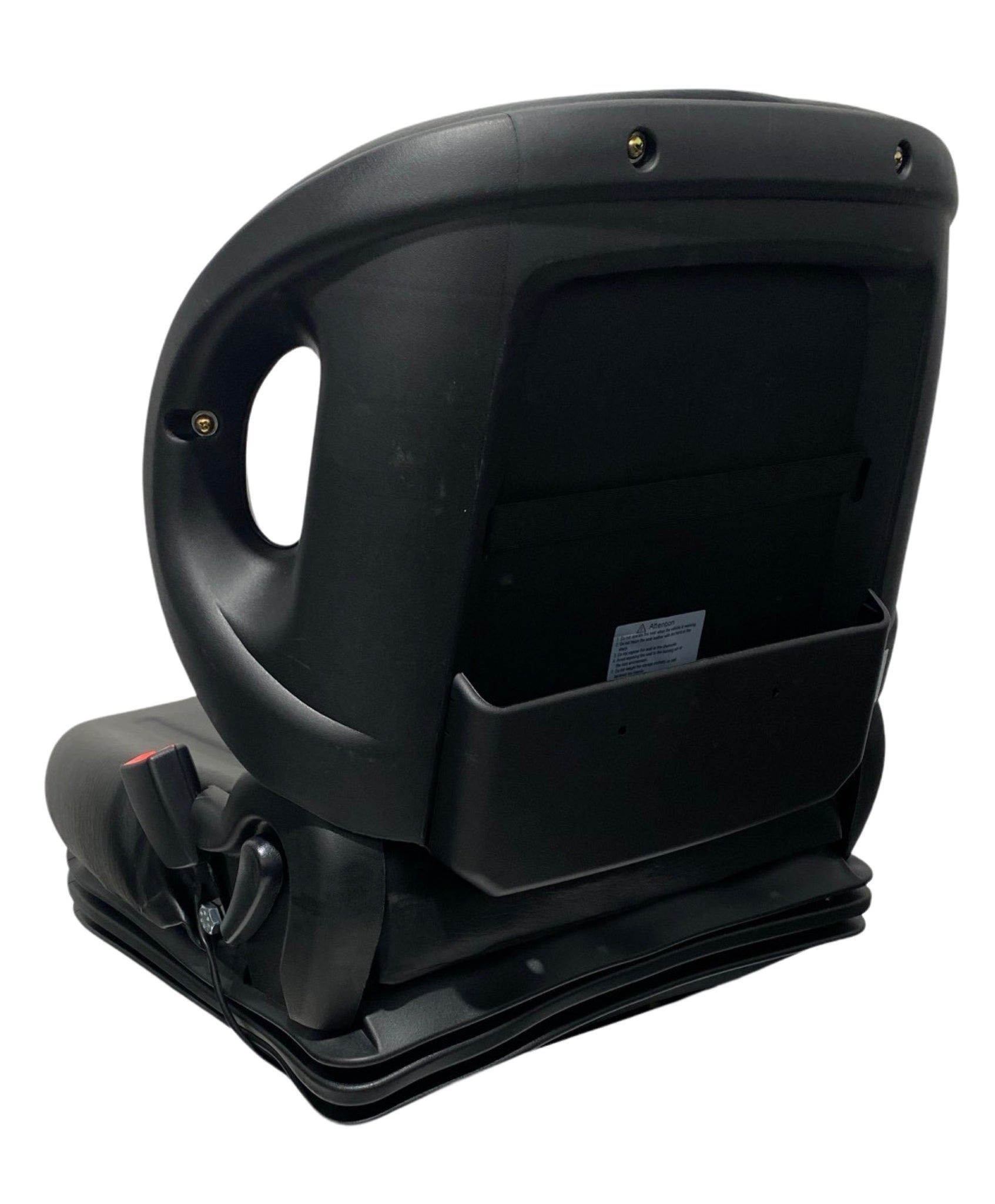 Rear view of BF2-3 mechanical suspension seat displaying robust construction, operator present switch, integrated grab handles, and waterproof PU vinyl trim.