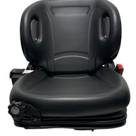 Front view of BF2-3 mechanical suspension seat showing molded backrest, integrated  2 inch lap seatbelt seatbelt, and durable black PU vinyl finish.