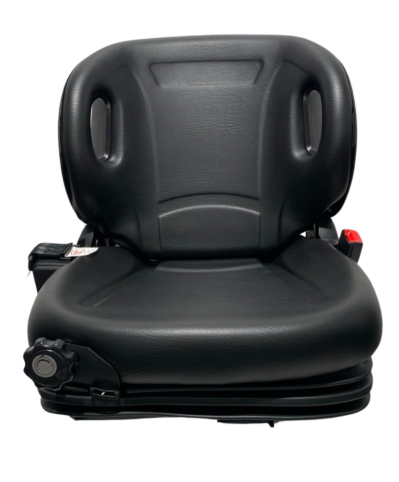 Front view of BF2-3 mechanical suspension seat showing molded backrest, integrated  2 inch lap seatbelt seatbelt, and durable black PU vinyl finish.