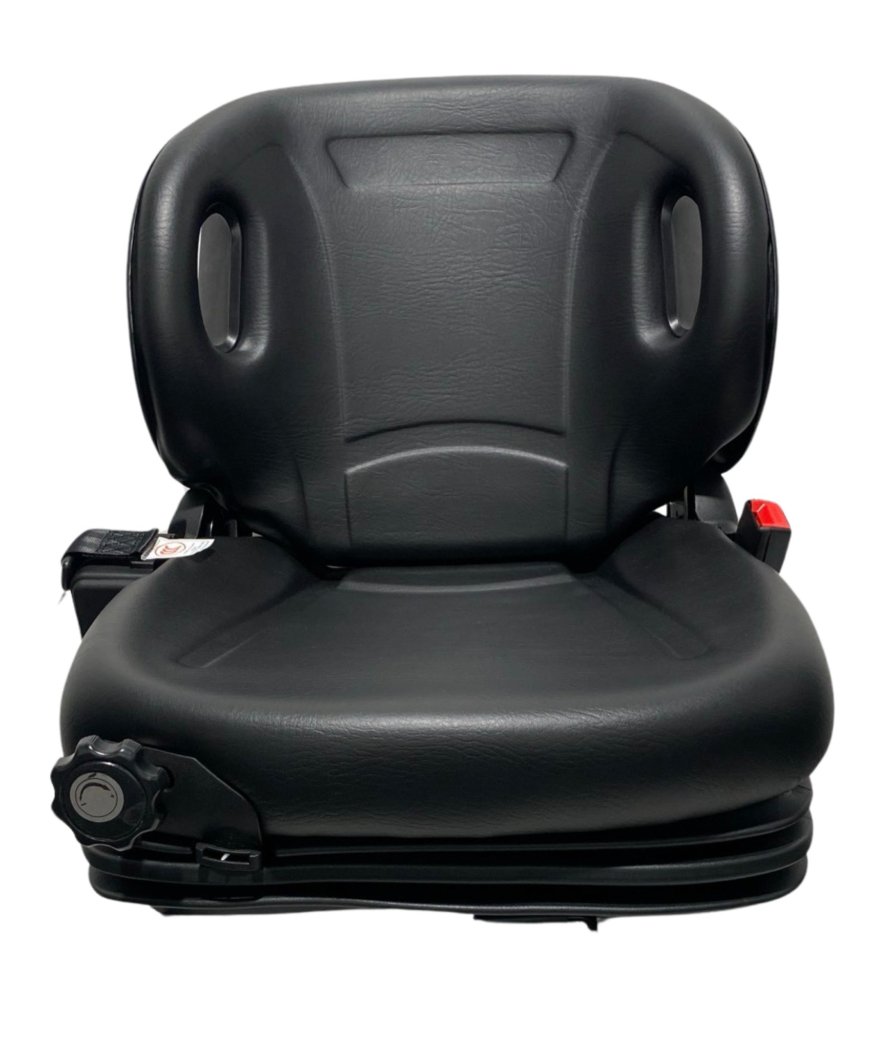 Front view of BF2-3 mechanical suspension seat showing molded backrest, integrated  2 inch lap seatbelt seatbelt, and durable black PU vinyl finish.