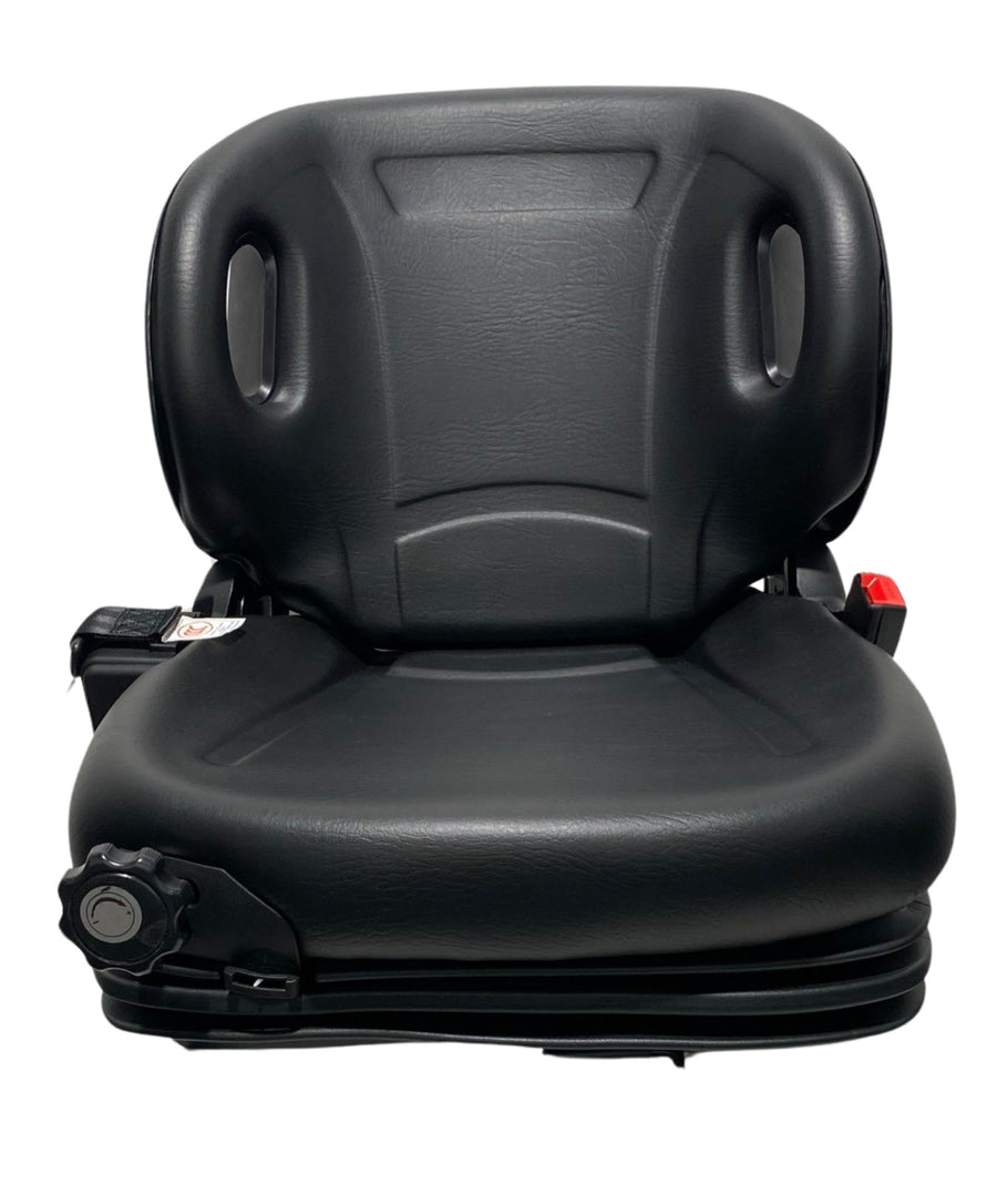 Front view of BF2-3 mechanical suspension seat showing molded backrest, integrated  2 inch lap seatbelt seatbelt, and durable black PU vinyl finish.