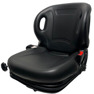Left-side view of BF2-3 mechanical suspension seat showing retractable 2 inch lap seatbelt and integrated grab handles.