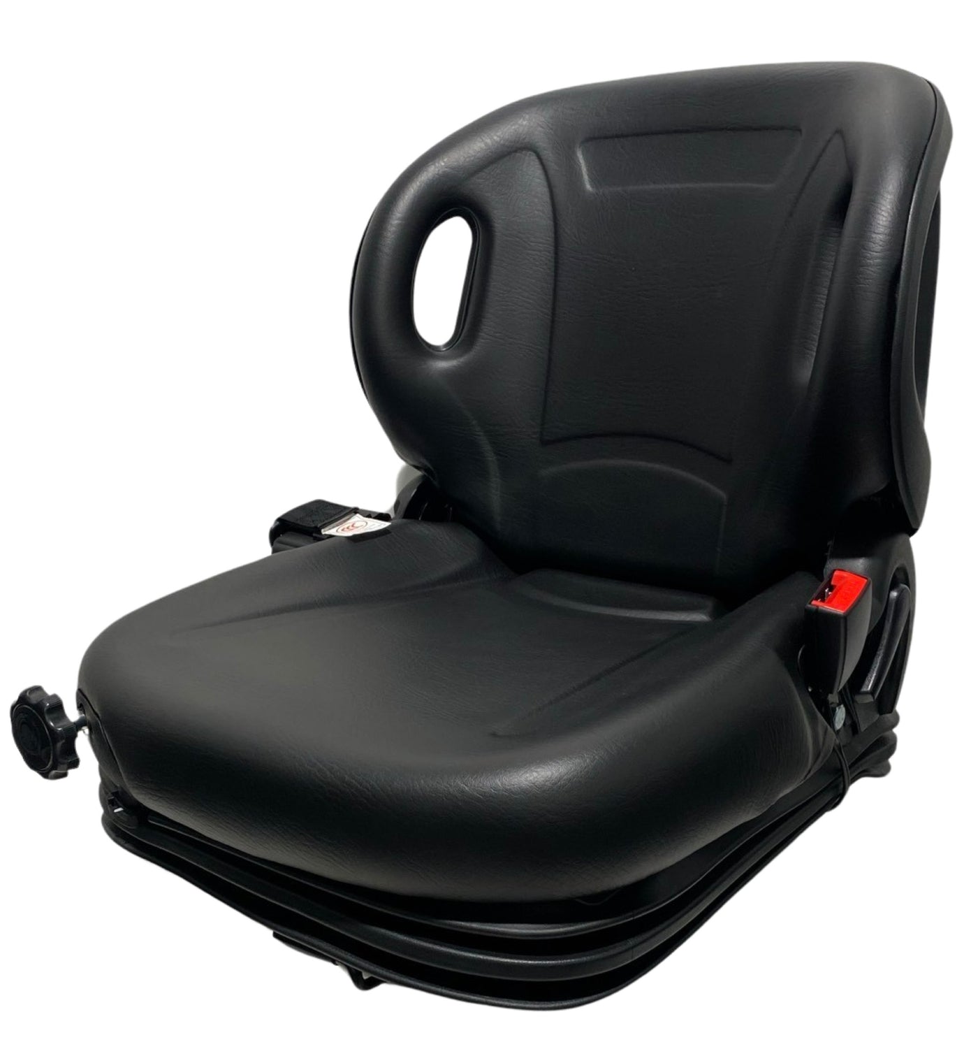 Left-side view of BF2-3 mechanical suspension seat showing retractable 2 inch lap seatbelt and integrated grab handles.