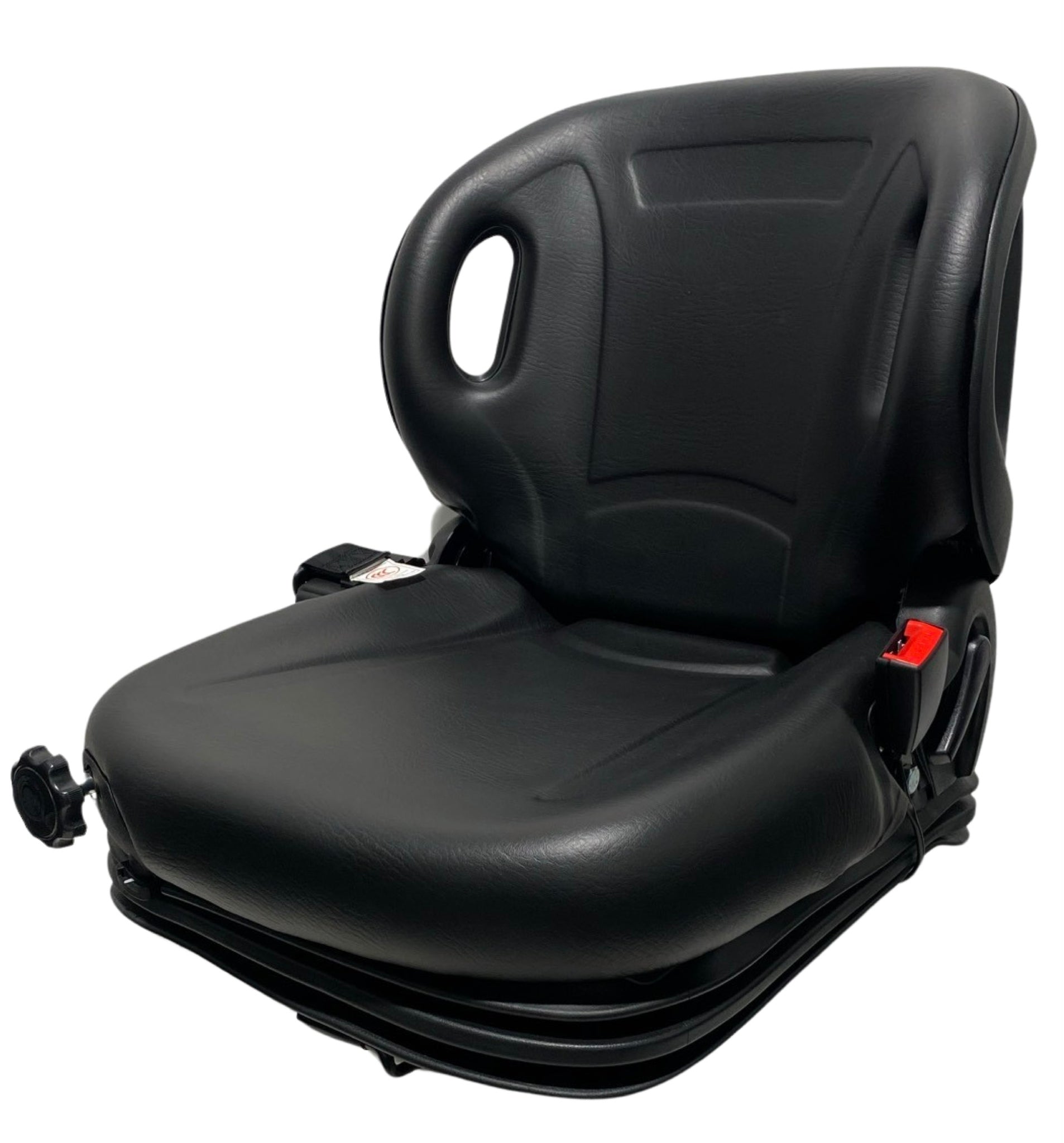Left-side view of BF2-3 mechanical suspension seat showing retractable 2 inch lap seatbelt and integrated grab handles.