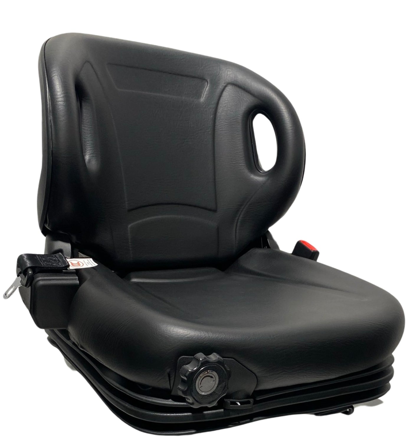 Right-side view of BF2-3 seat highlighting mechanical suspension base, integrated grab handles, and single locking slide rails.