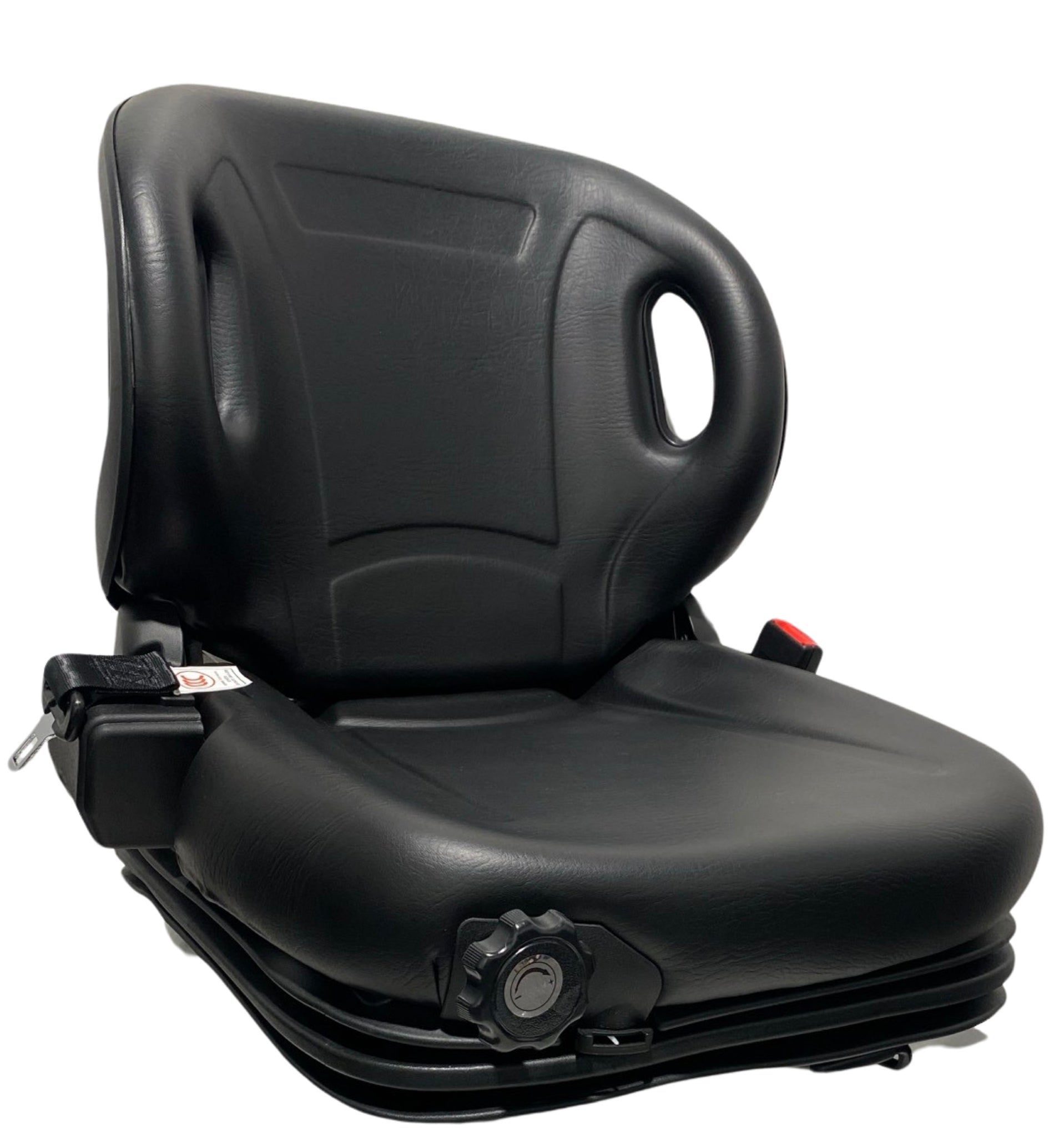 Right-side view of BF2-3 seat highlighting mechanical suspension base, integrated grab handles, and single locking slide rails.