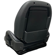 Rear view of BF5-3 forklift seat displaying document pouch, sturdy construction, integrated grab handles and premium waterproof PU vinyl covering.