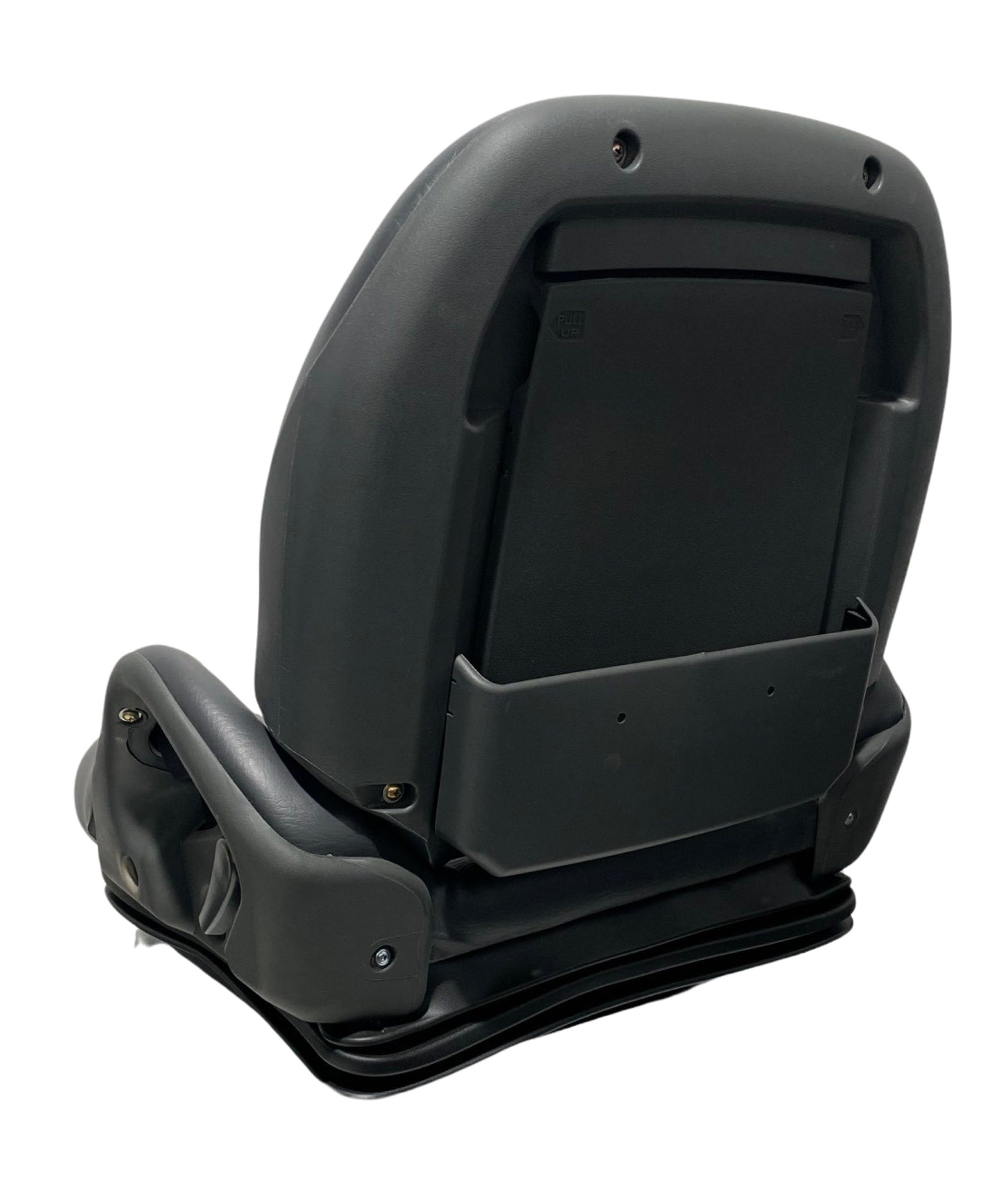 Rear view of BF5-3 forklift seat displaying document pouch, sturdy construction, integrated grab handles and premium waterproof PU vinyl covering.