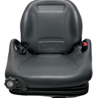 Front view of BF5-3 suspension forklift seat showing ergonomic molded backrest, integrated seatbelt, side grab handles and durable premium black PU vinyl trim.