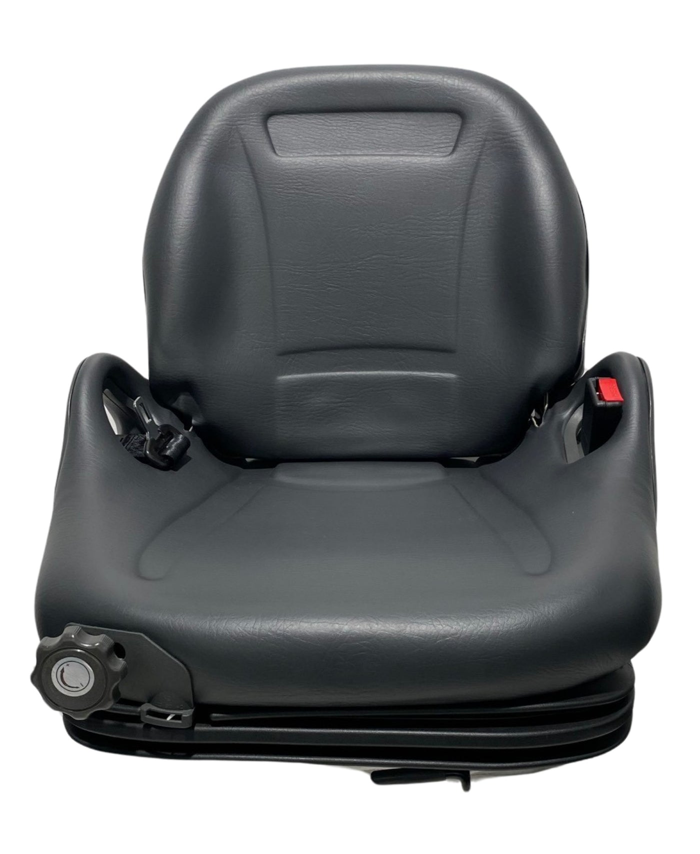 Front view of BF5-3 suspension forklift seat showing ergonomic molded backrest, integrated seatbelt, side grab handles and durable premium black PU vinyl trim.