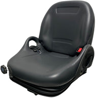 Left-side view of BF5-3 suspension seat showing integrated 2" integrated retractable lap seatbelt and ergonomic backrest profile.
