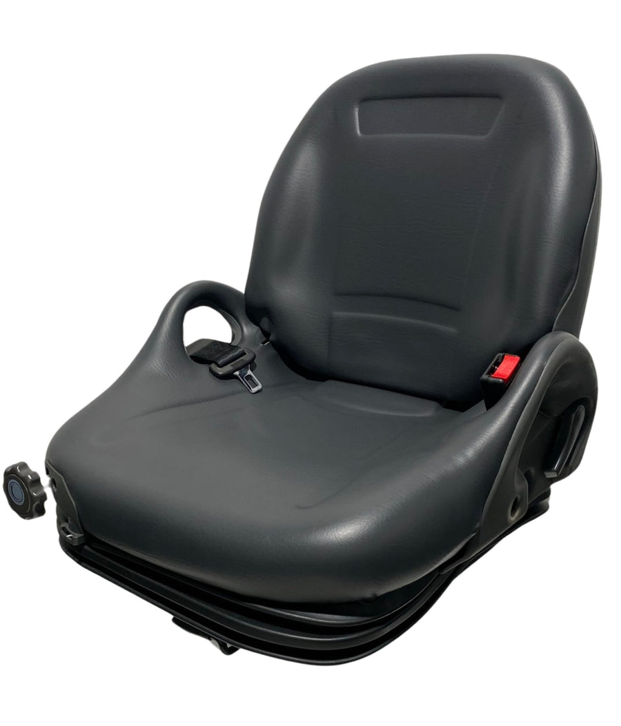 Left-side view of BF5-3 suspension seat showing integrated 2" integrated retractable lap seatbelt and ergonomic backrest profile.