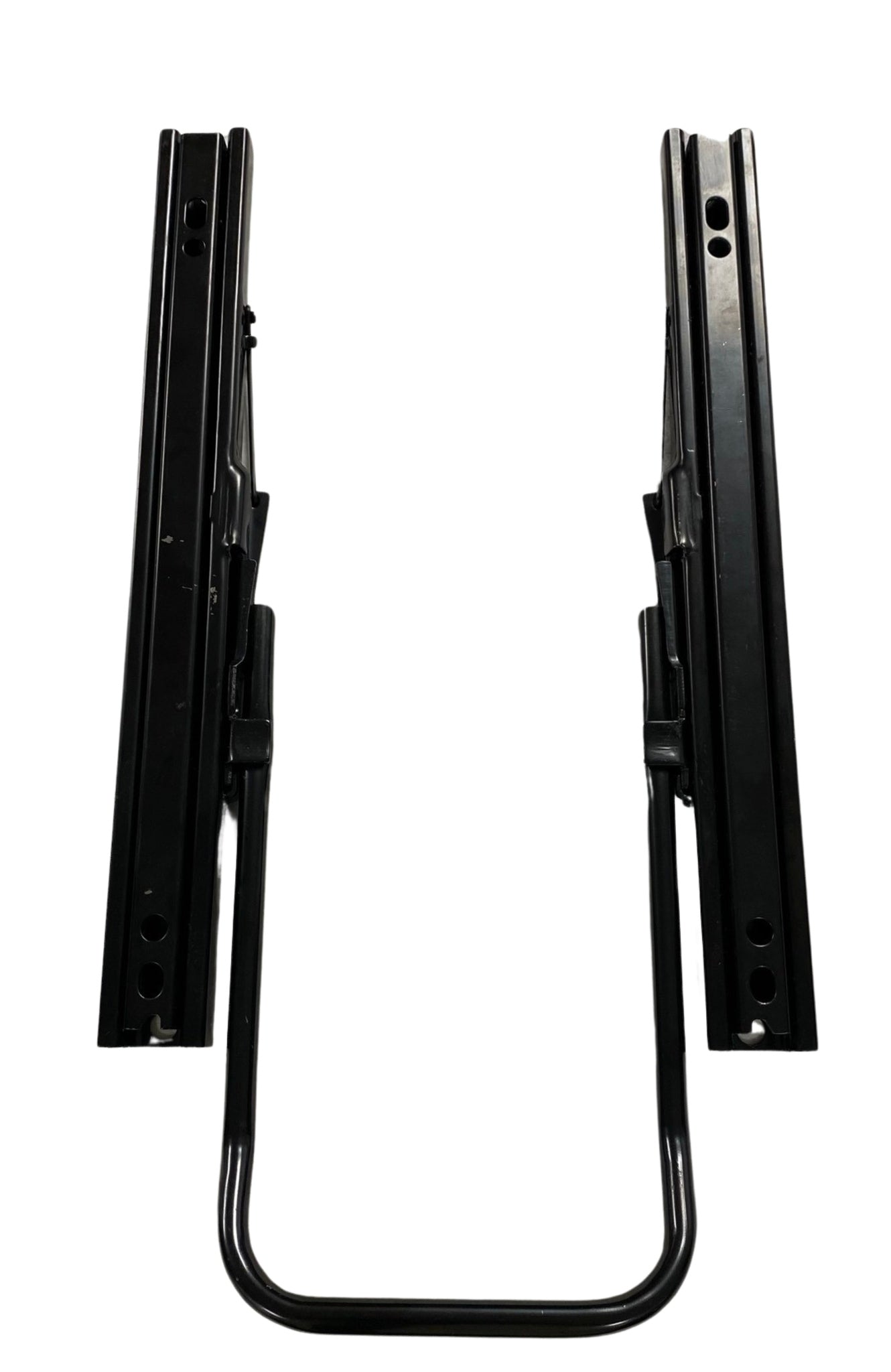 Top view of double locking slide rails showing durable off-road design with multiple mounting holes and adjustable seat positioning system.