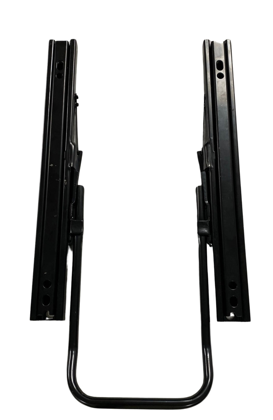 Top view of double locking slide rails showing durable off-road design with multiple mounting holes and adjustable seat positioning system.