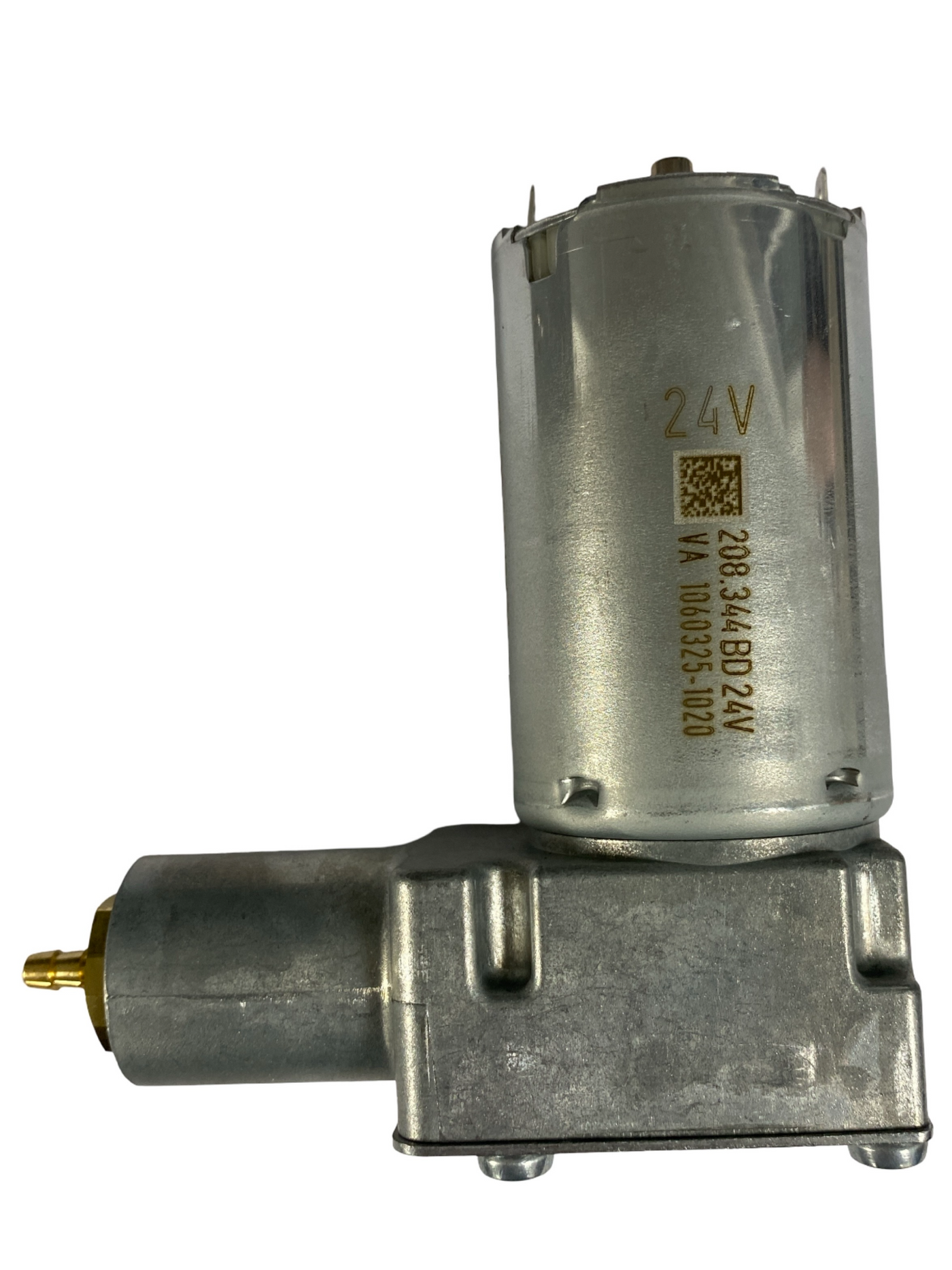 Side view of 24V Grammer and KAB replacement air compressor with straight brass tail fitting for industrial vehicle seats.