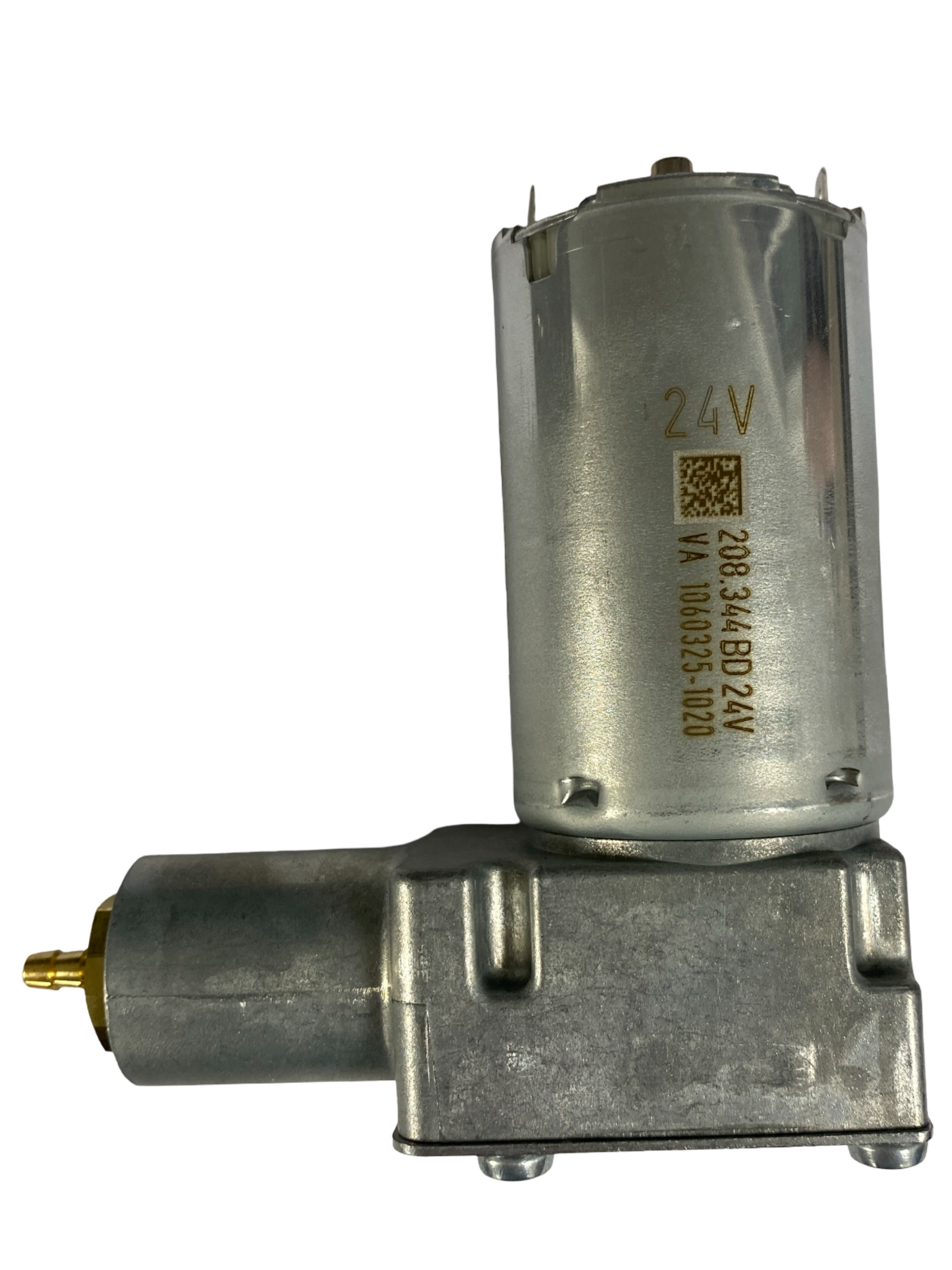 Side view of 24V Grammer and KAB replacement air compressor with straight brass tail fitting for industrial vehicle seats.