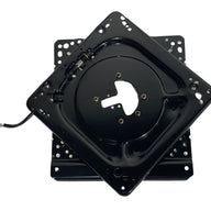 Angle view of 360-degree heavy-duty seat swivel base showing locking pin and mounting points for machinery use.