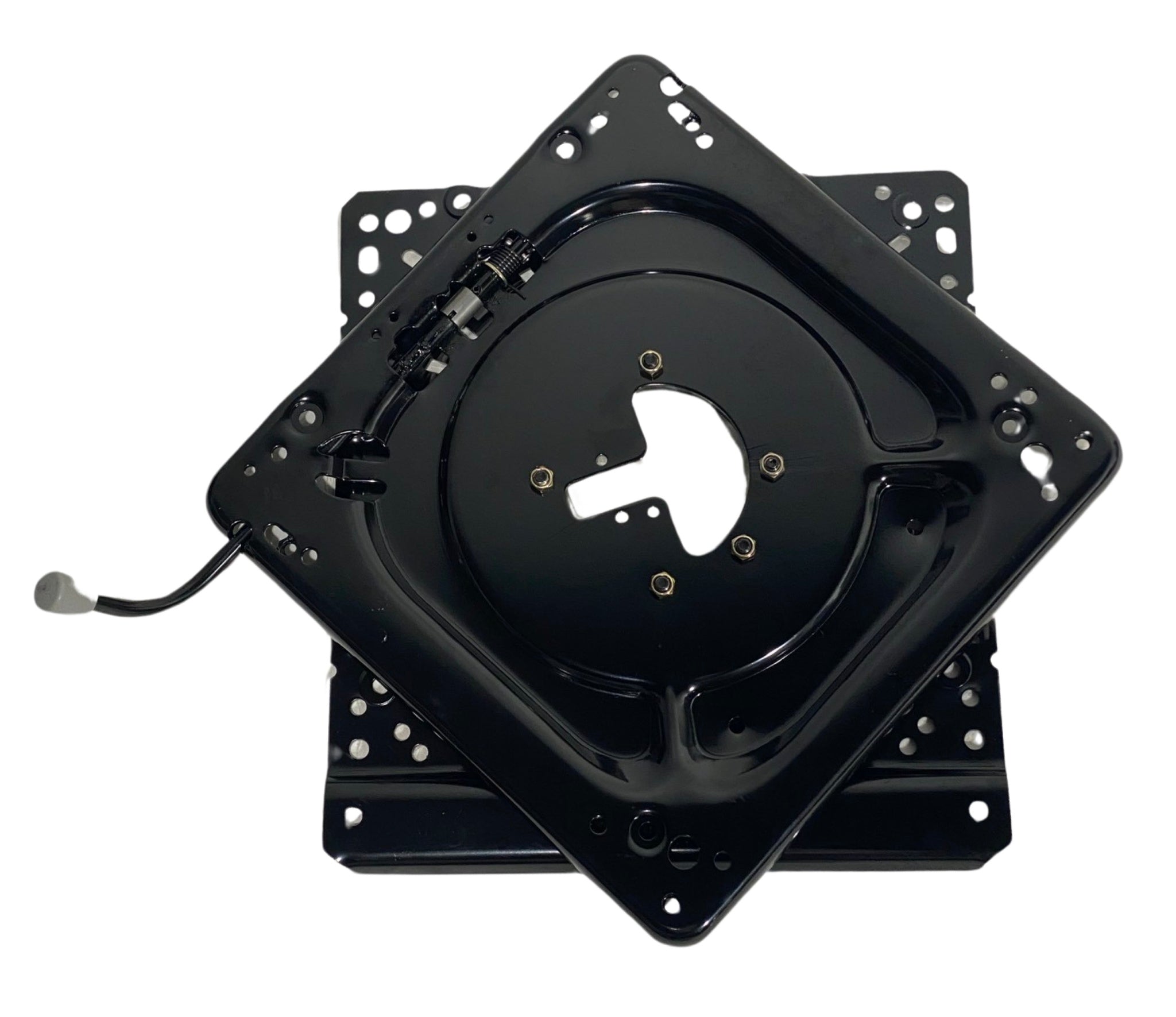 Angle view of 360-degree heavy-duty seat swivel base showing locking pin and mounting points for machinery use.