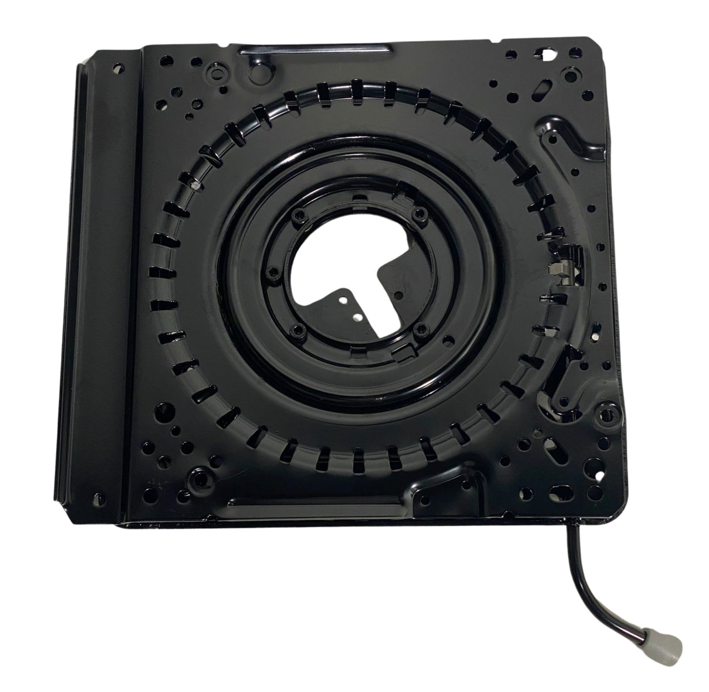 Rear view of heavy-duty 360° lockable swivel base featuring reinforced steel frame and multiple mounting hole options for secure installation.