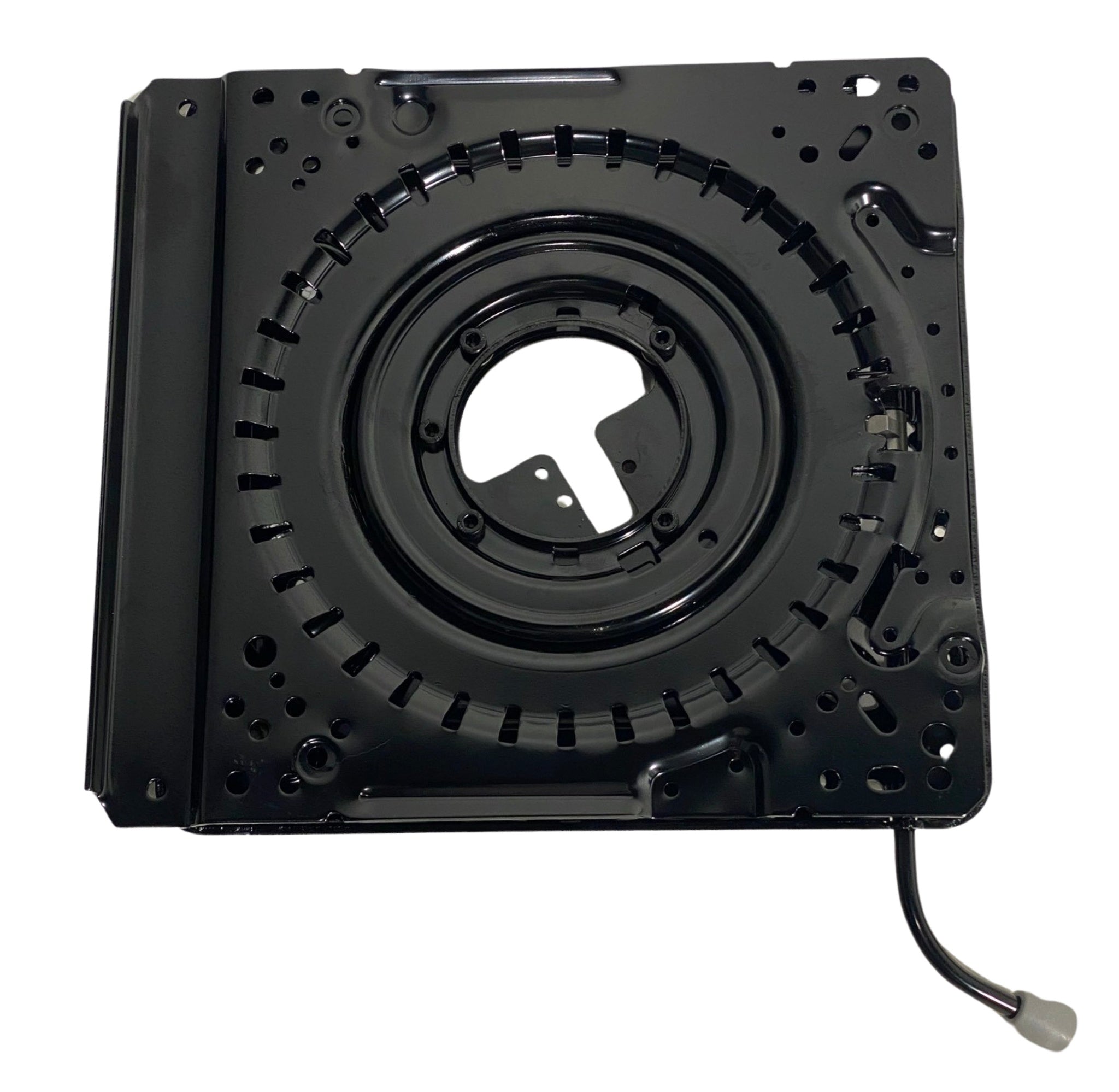 Rear view of heavy-duty 360° lockable swivel base featuring reinforced steel frame and multiple mounting hole options for secure installation.