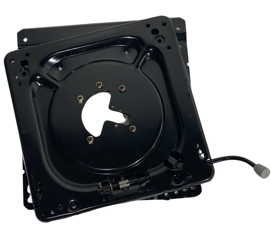 Top view of heavy-duty 360° lockable seat swivel highlighting low-profile steel design and rotation mechanism.