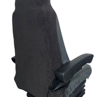 Back view of heavy-duty canvas seat cover highlighting stretch fabric rear and secure slip-over fit with Velcro fastening.